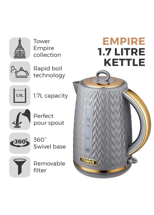 Tower Empire 3KW 1.7L Kettle Grey with Brass Accents - No Size Image 2