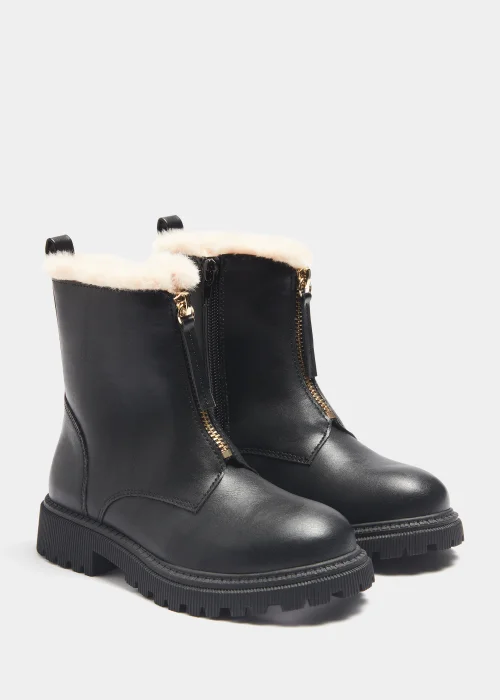 Girls Black Faux Fur Zip Up Boots (Younger 10-Older 5) - Size 3 Image 1