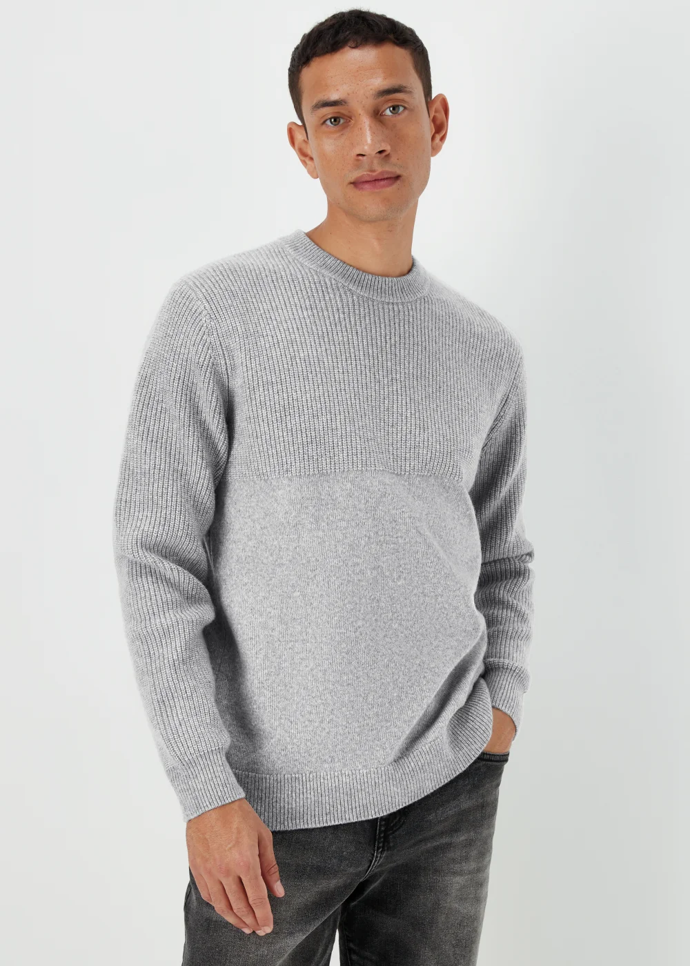 Grey Ribbed Texture Crew Neck Jumper - S Image 1