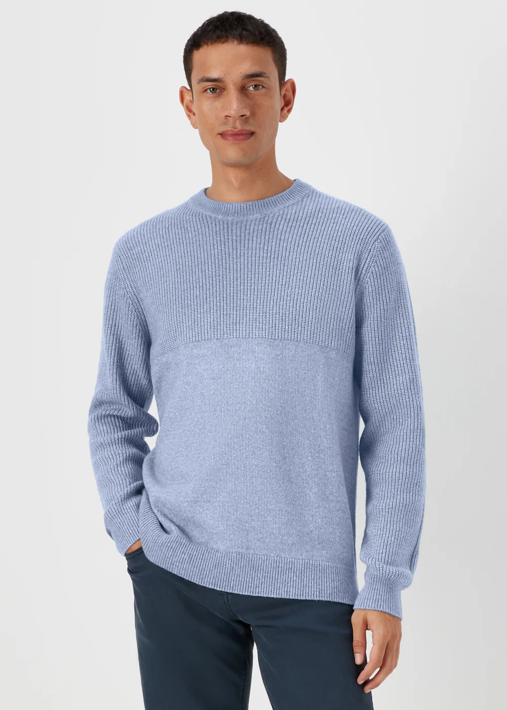 Blue Ribbed Texture Crew Neck Jumper - Small Image 1
