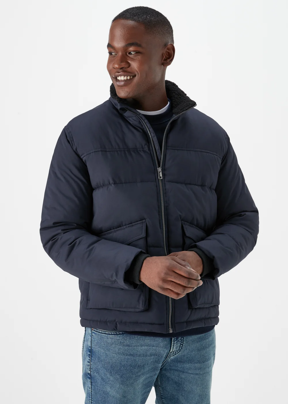 Navy Funnel Neck Water-Resistant Puffa Jacket - S Image 1