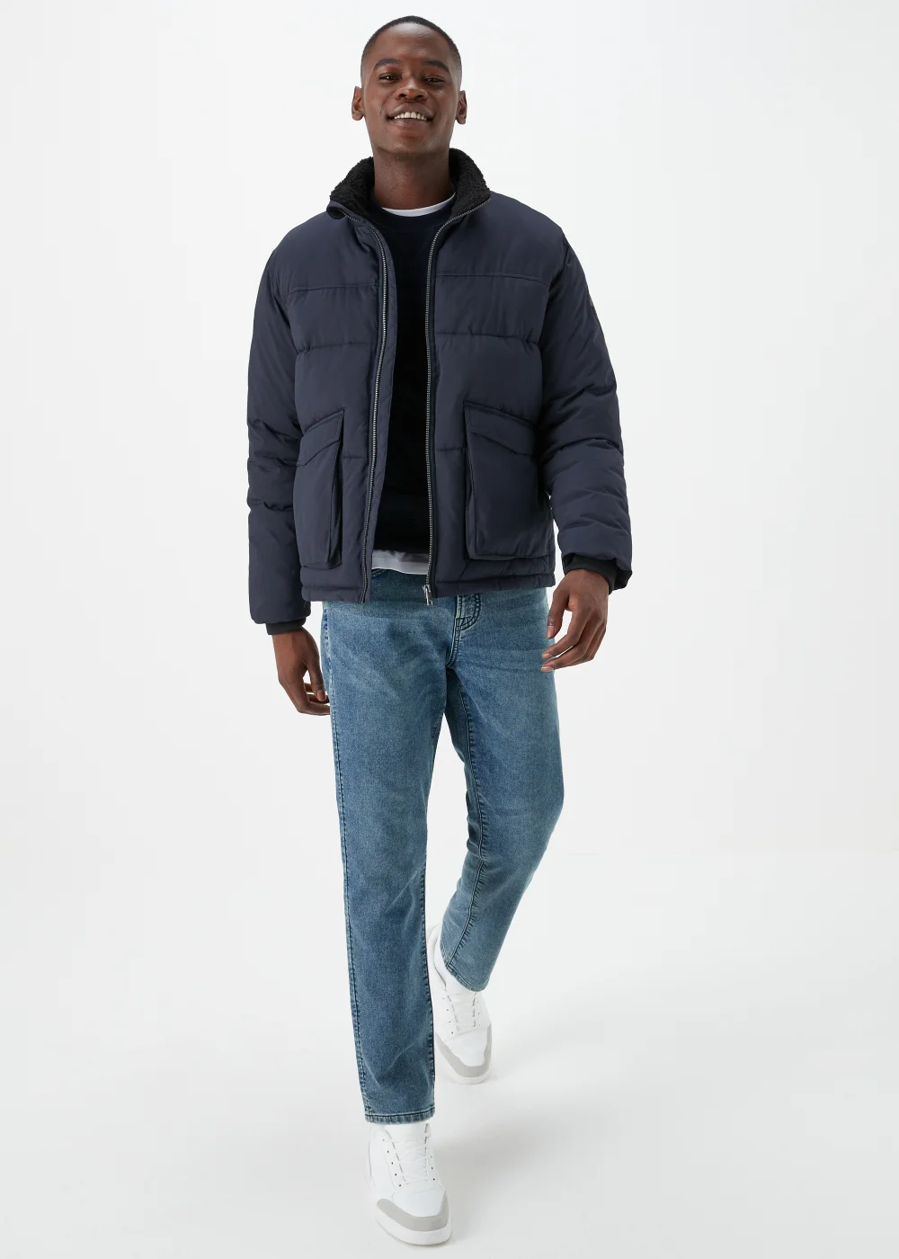 Navy Funnel Neck Water-Resistant Puffa Jacket - S Image 4