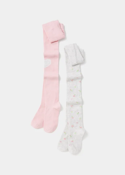 Girls 2 Pack Pink & Grey Floral Tights (2-9yrs) - Age 2 - 3 Years Image 1