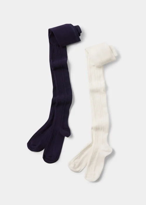 Girls 2 Pack Navy & Cream Cable Knit Tights (2-9yrs) - Age 2 - 3 Years Image 1