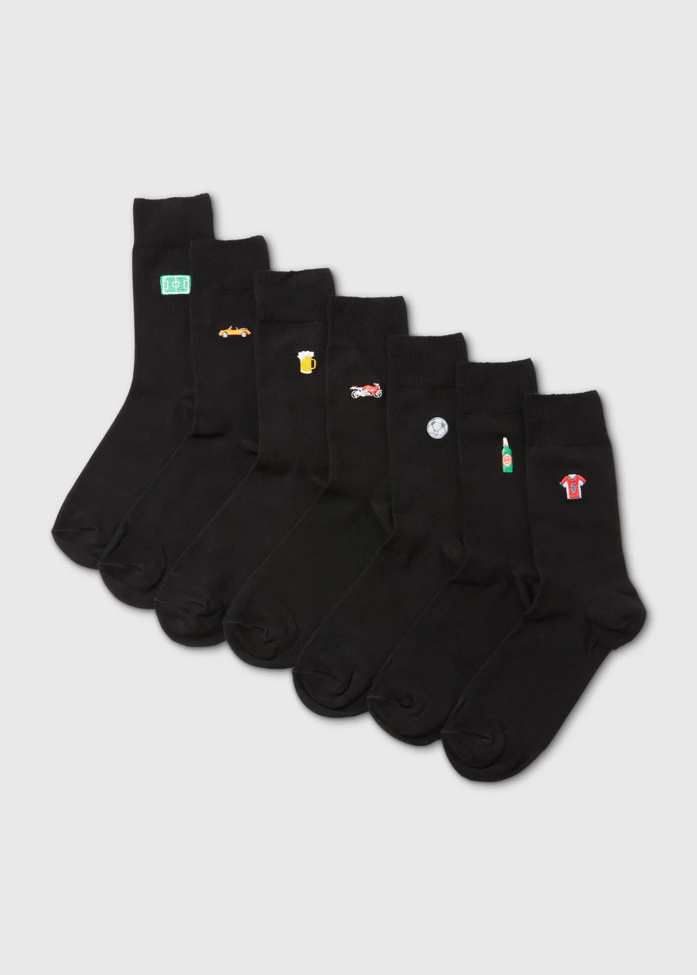 7 Pack Black Sports & Car Embroidery Socks - Sizes 6 - 8.5 Image 1