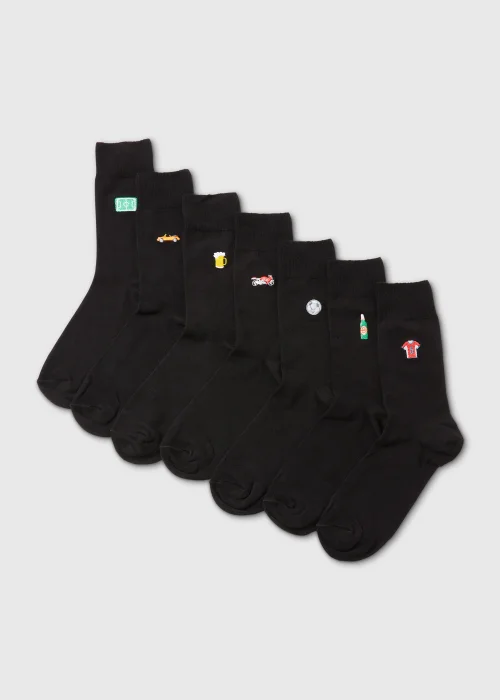 7 Pack Black Sports & Car Embroidery Socks - Sizes 6 - 8.5 Image 1