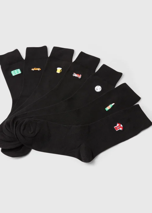 7 Pack Black Sports & Car Embroidery Socks - Sizes 6 - 8.5 Image 2