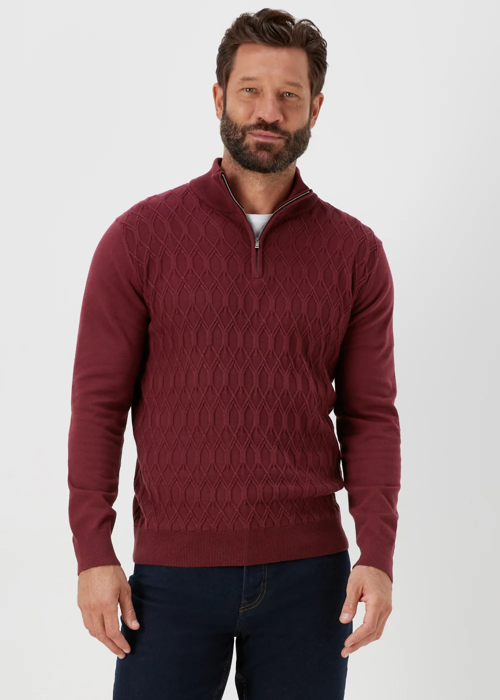 Burgundy Textured 1/4 Zip Jumper - Small Image 1