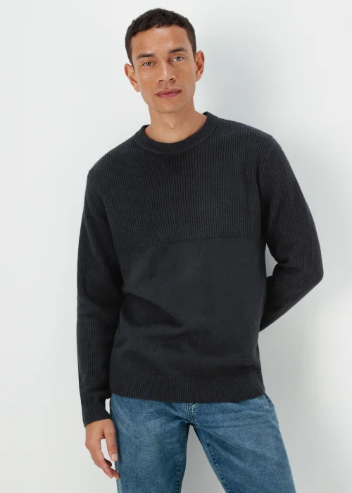 Navy Ribbed Texture Crew Neck Jumper - Small Image 1