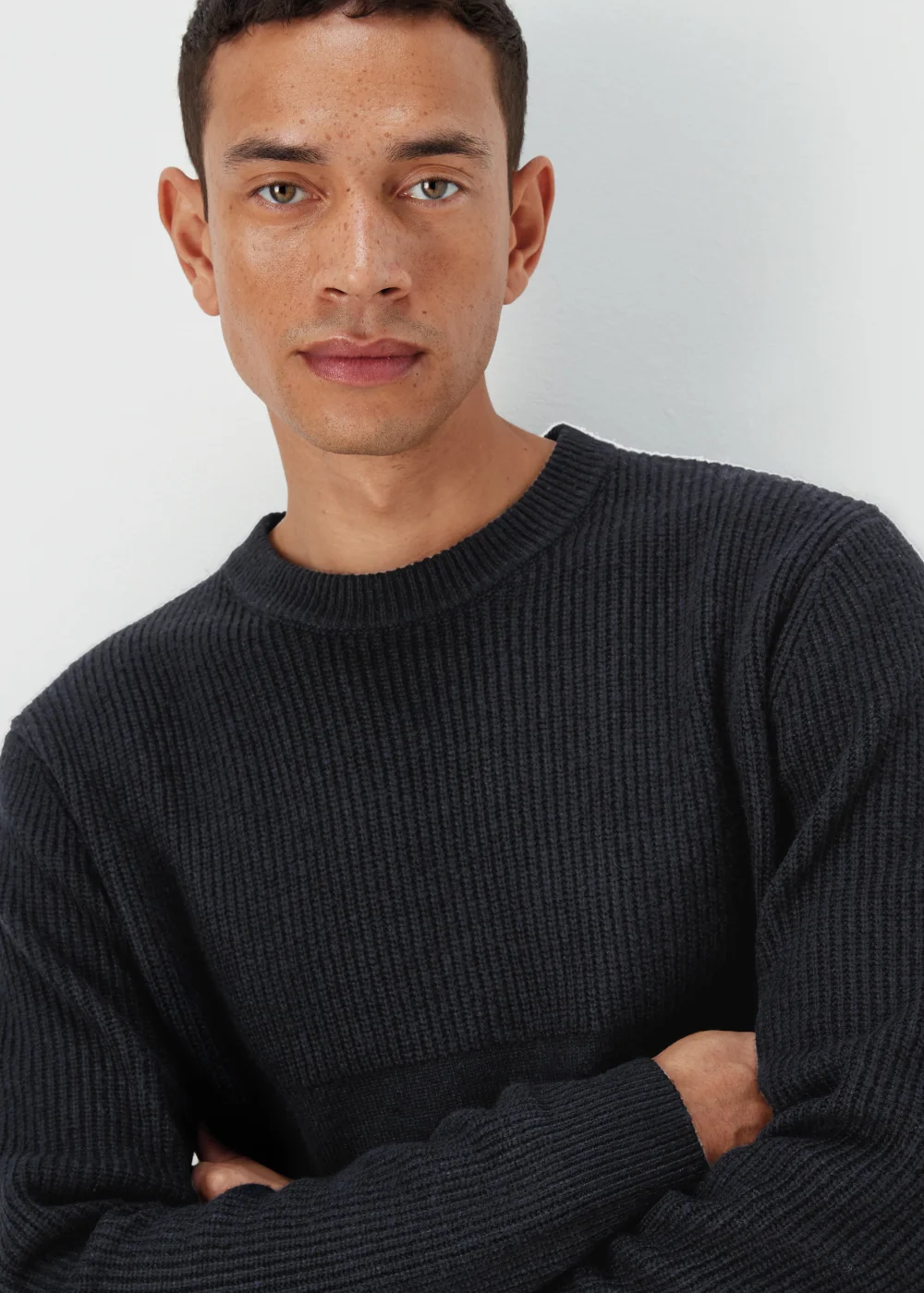 Navy Ribbed Texture Crew Neck Jumper - Small Image 3