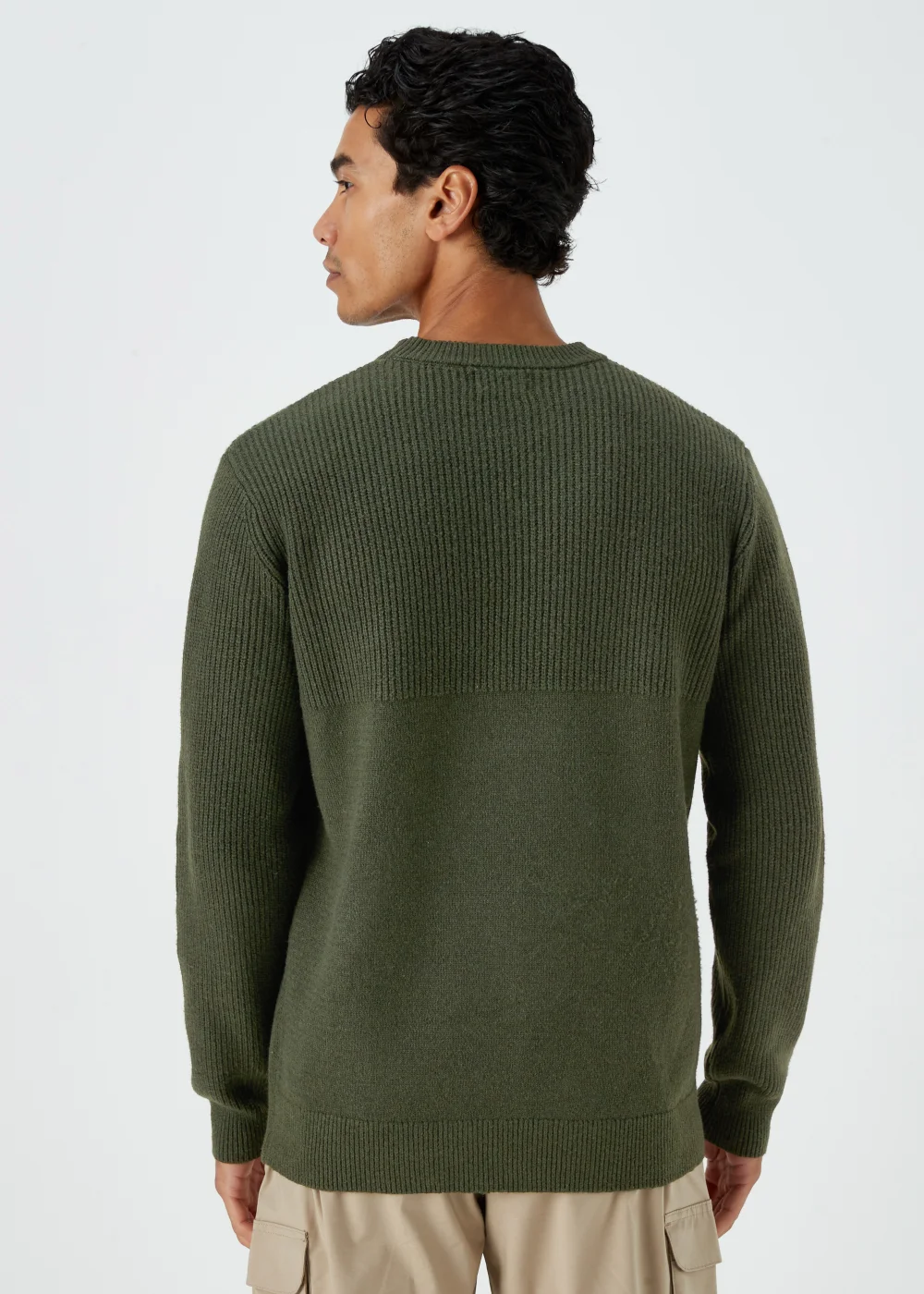 Khaki Ribbed Textured Crew Neck Jumper - S Image 2