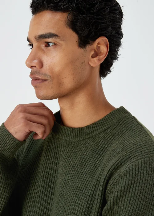 Khaki Ribbed Textured Crew Neck Jumper - S Image 3