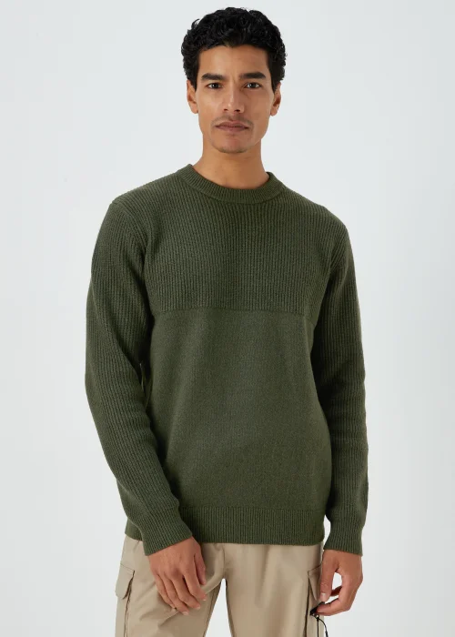 Khaki Ribbed Textured Crew Neck Jumper - S Image 1