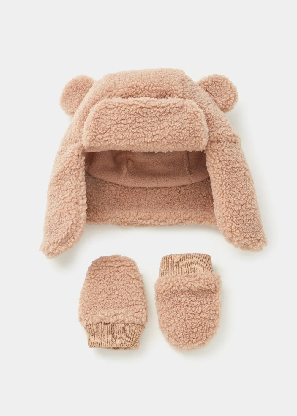 Baby Beige Borg Trapper Hat & Gloves Set (Newborn-24mths) - Age 0 - 3 Months Image 1
