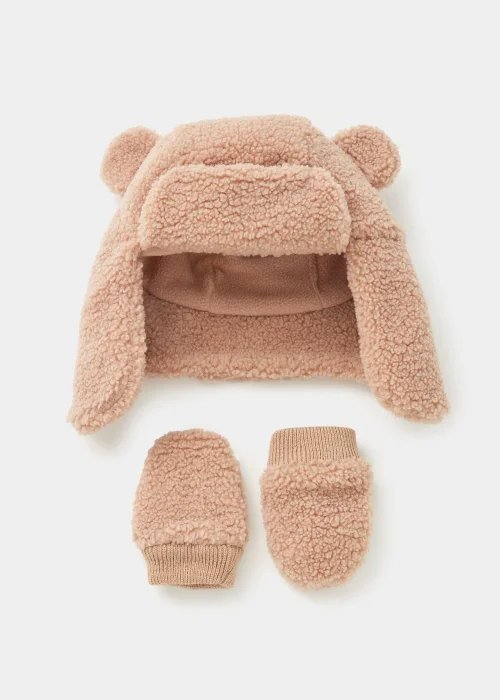 Baby Beige Borg Trapper Hat & Gloves Set (Newborn-24mths) - Age 0 - 3 Months Image 1