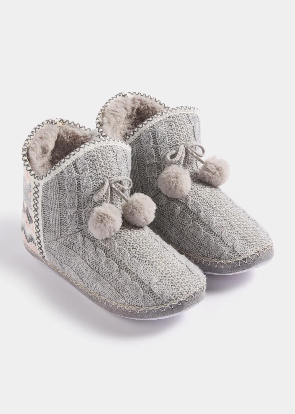 Grey Fair Isle Cable Knit Slipper Boots - S Image 1