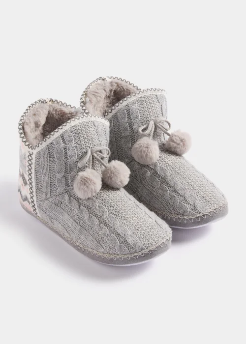 Grey Fair Isle Cable Knit Slipper Boots - S Image 1