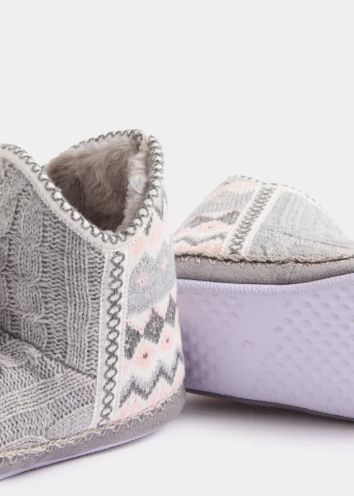 Grey Fair Isle Cable Knit Slipper Boots - S Image 2