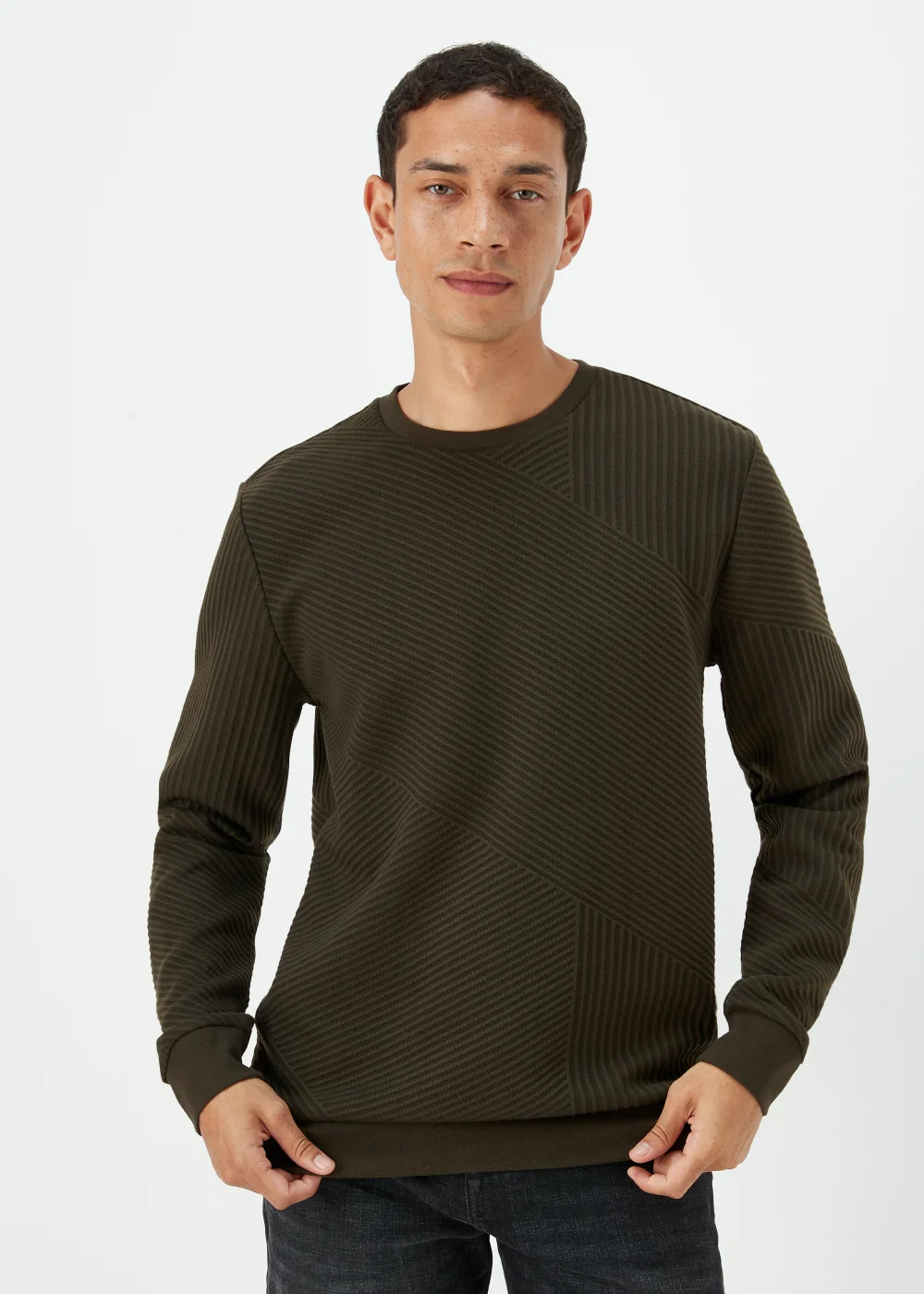 Khaki Textured Crewneck Sweatshirt - Small Image 1