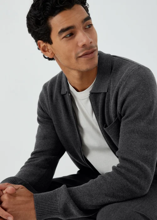 Grey Zip Up Shirt Collar Cardigan - S Image 3