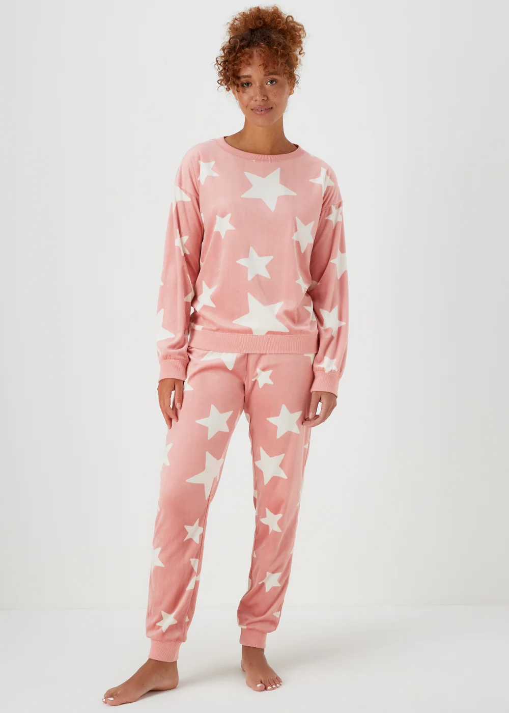 Pink Textured Velour Star Pyjama Set - Extra small Image 1