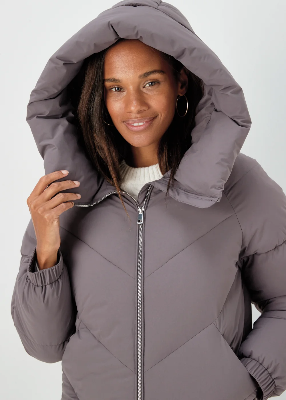 Grey Longline Chevron Padded Shower-Resistant Coat - 8 Image 3
