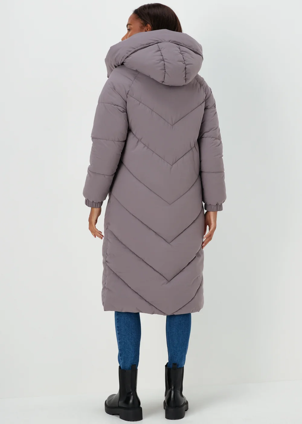 Grey Longline Chevron Padded Shower-Resistant Coat - 8 Image 2
