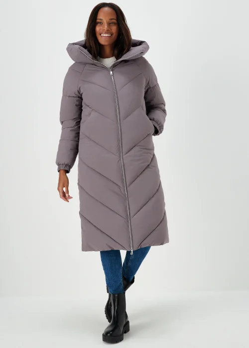 Grey Longline Chevron Padded Shower-Resistant Coat - 8 Image 1