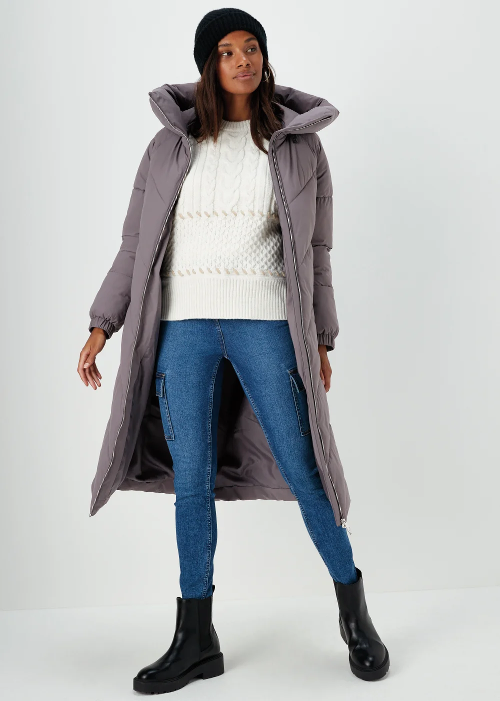 Grey Longline Chevron Padded Shower-Resistant Coat - 8 Image 4