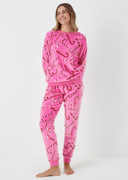Pink Christmas Candy Cane Fleece Pyjama Set - Extra small Image 1