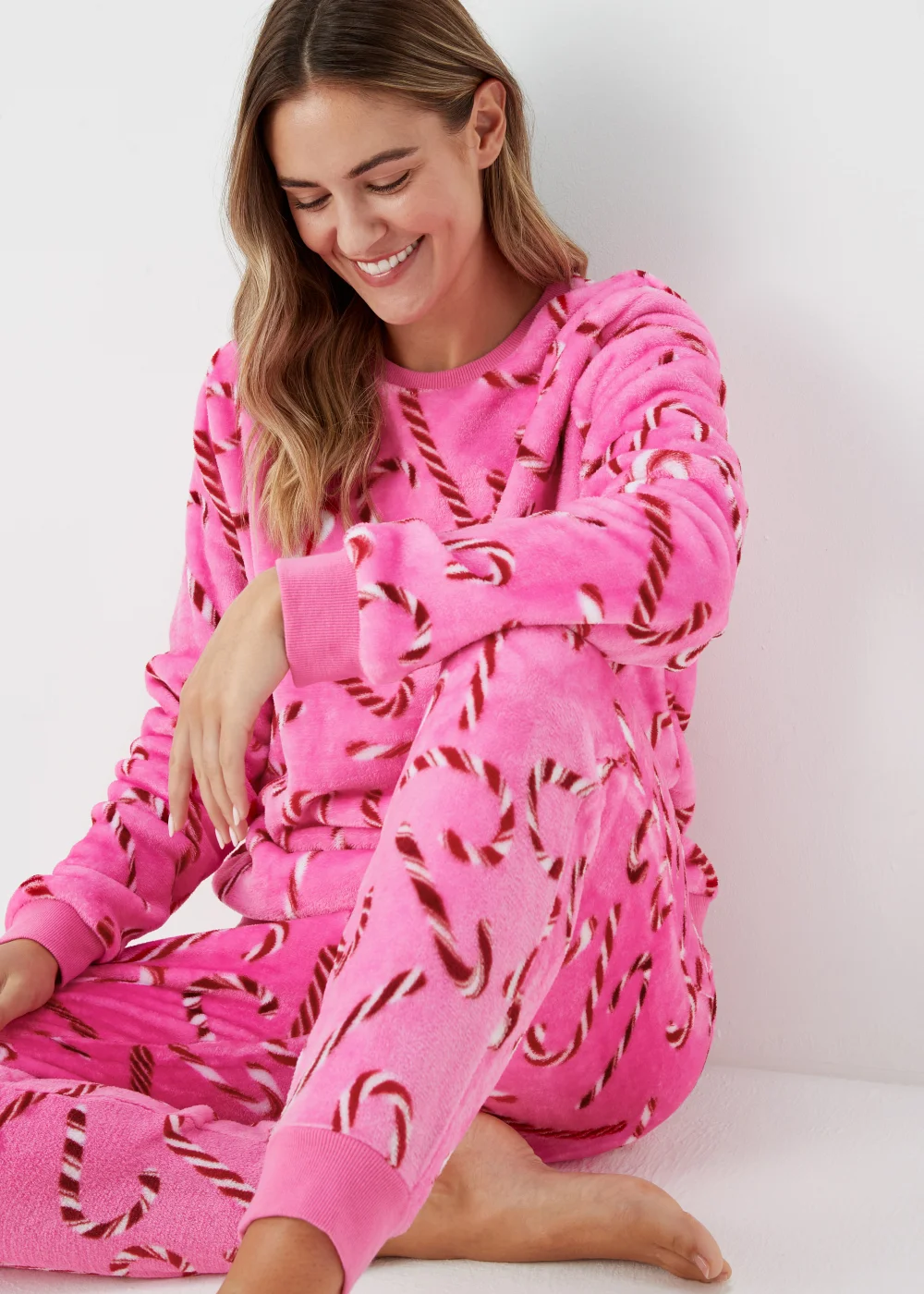 Pink Christmas Candy Cane Fleece Pyjama Set - Extra small Image 3