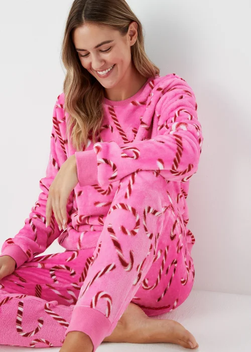 Pink Christmas Candy Cane Fleece Pyjama Set - Extra small Image 3