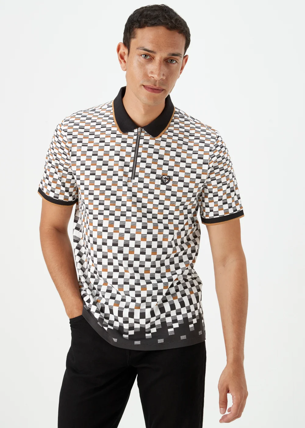 White Print Zip Up Polo Shirt - S Image 1