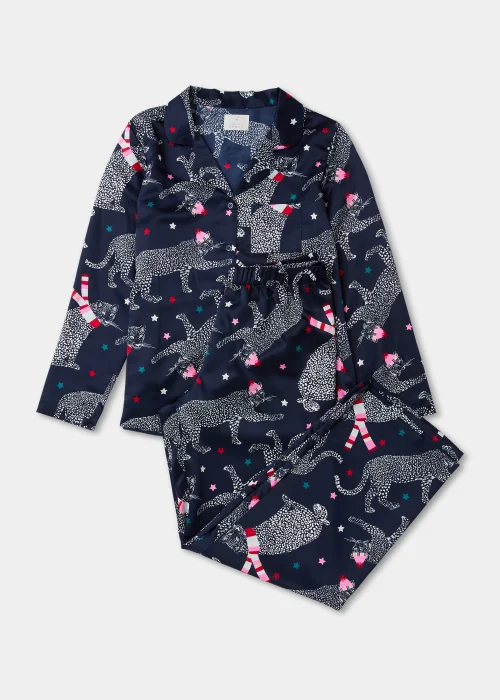 Navy Leopard Print Satin Pyjama Set - Size 8 Image 4