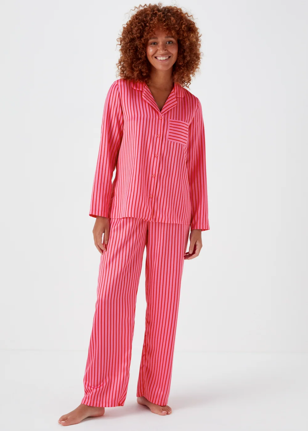 Pink Stripe Satin Button Up Pyjama Set - Size 8 Image 1