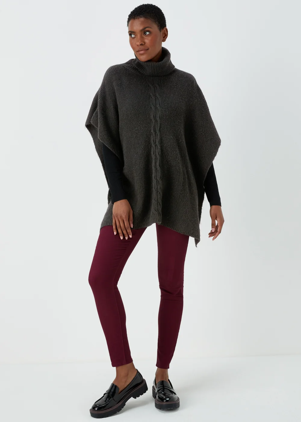 Black Cable Knit Roll Neck Poncho - One Size Image 1
