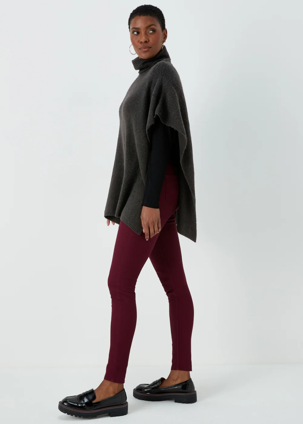 Black Cable Knit Roll Neck Poncho - One Size Image 2