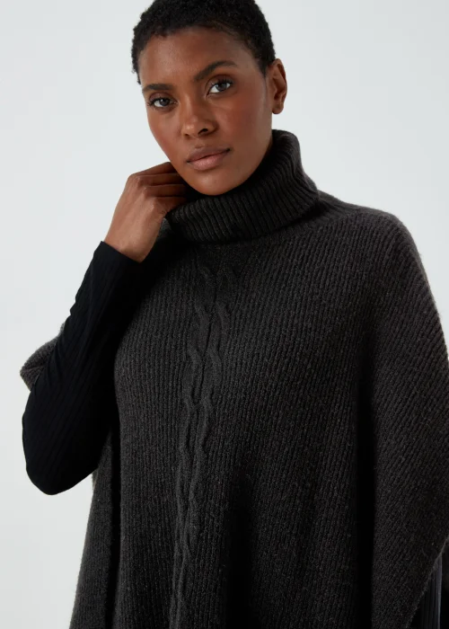 Black Cable Knit Roll Neck Poncho - One Size Image 3