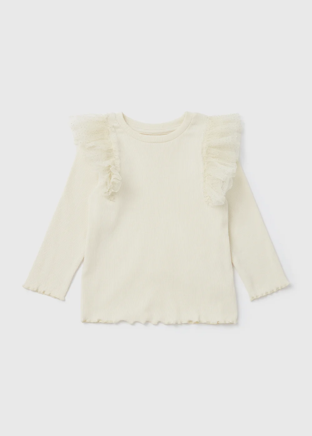 Girls Cream Shoulder Frill Ribbed Long Sleeve T-Shirt (9mths-6yrs) - 9-12 months Image 1