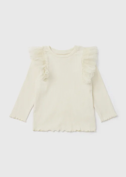 Girls Cream Shoulder Frill Ribbed Long Sleeve T-Shirt (9mths-6yrs) - 9-12 months Image 1