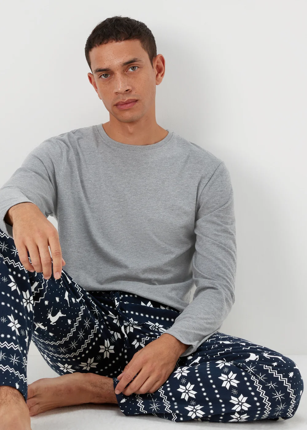 Grey & Navy Fair Isle Pyjama Gift Set - Small Image 3