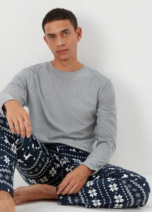 Grey & Navy Fair Isle Pyjama Gift Set - Small Image 3