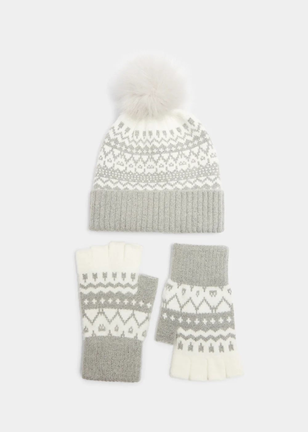 Grey & Cream Fair Isle Bobble Hat & Fingerless Gloves Set - One Size Image 1