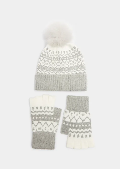 Grey & Cream Fair Isle Bobble Hat & Fingerless Gloves Set - One Size Image 1