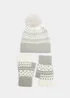 Grey & Cream Fair Isle Bobble Hat & Fingerless Gloves Set - One Size Image 1