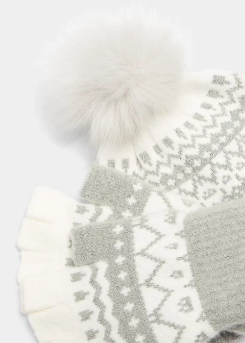 Grey & Cream Fair Isle Bobble Hat & Fingerless Gloves Set - One Size Image 2