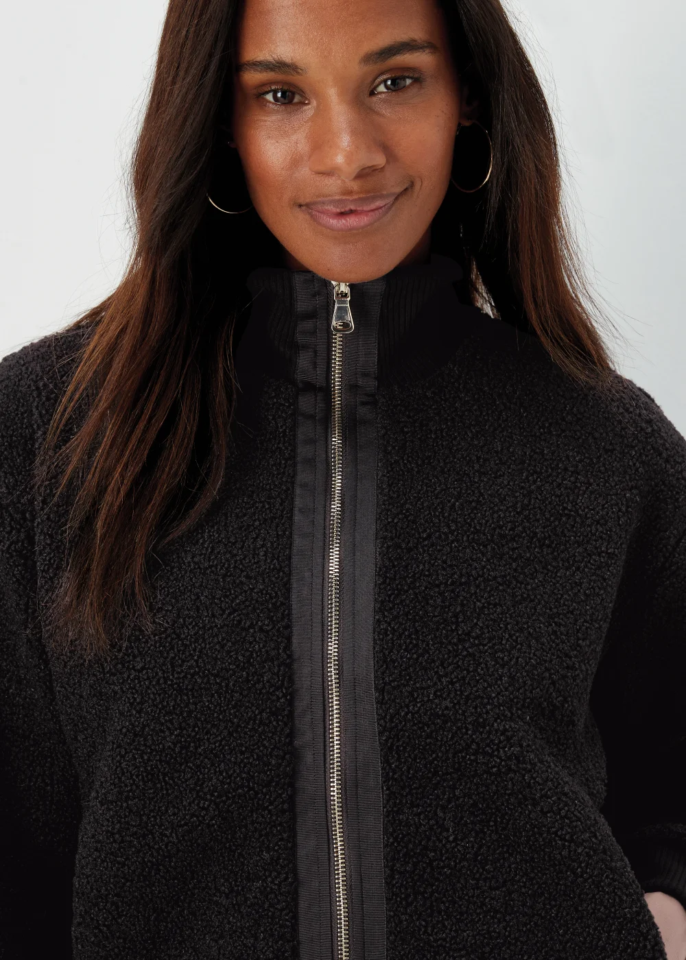 Black Zip Up Ribbed Borg Jacket - S Image 3