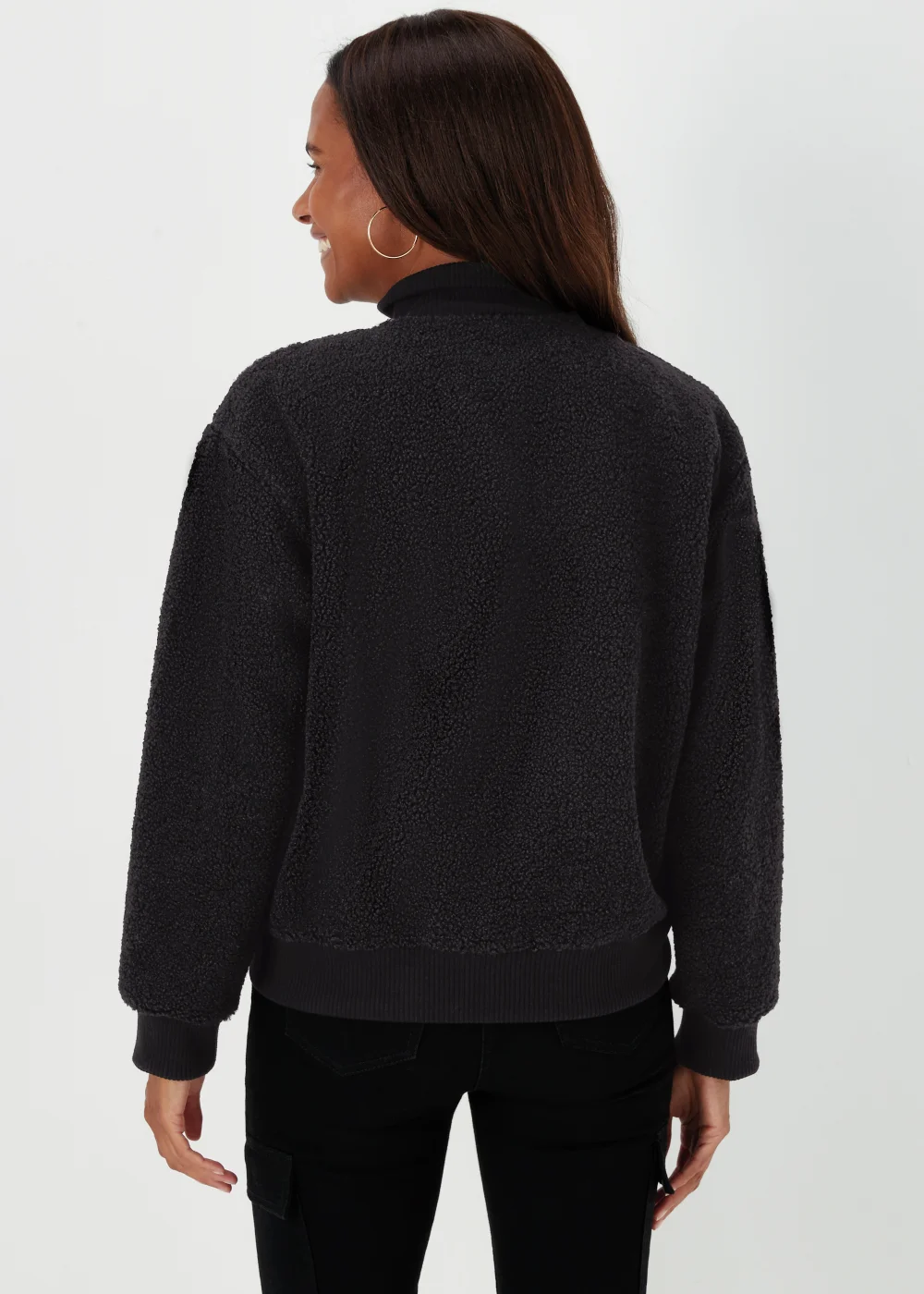 Black Zip Up Ribbed Borg Jacket - S Image 2