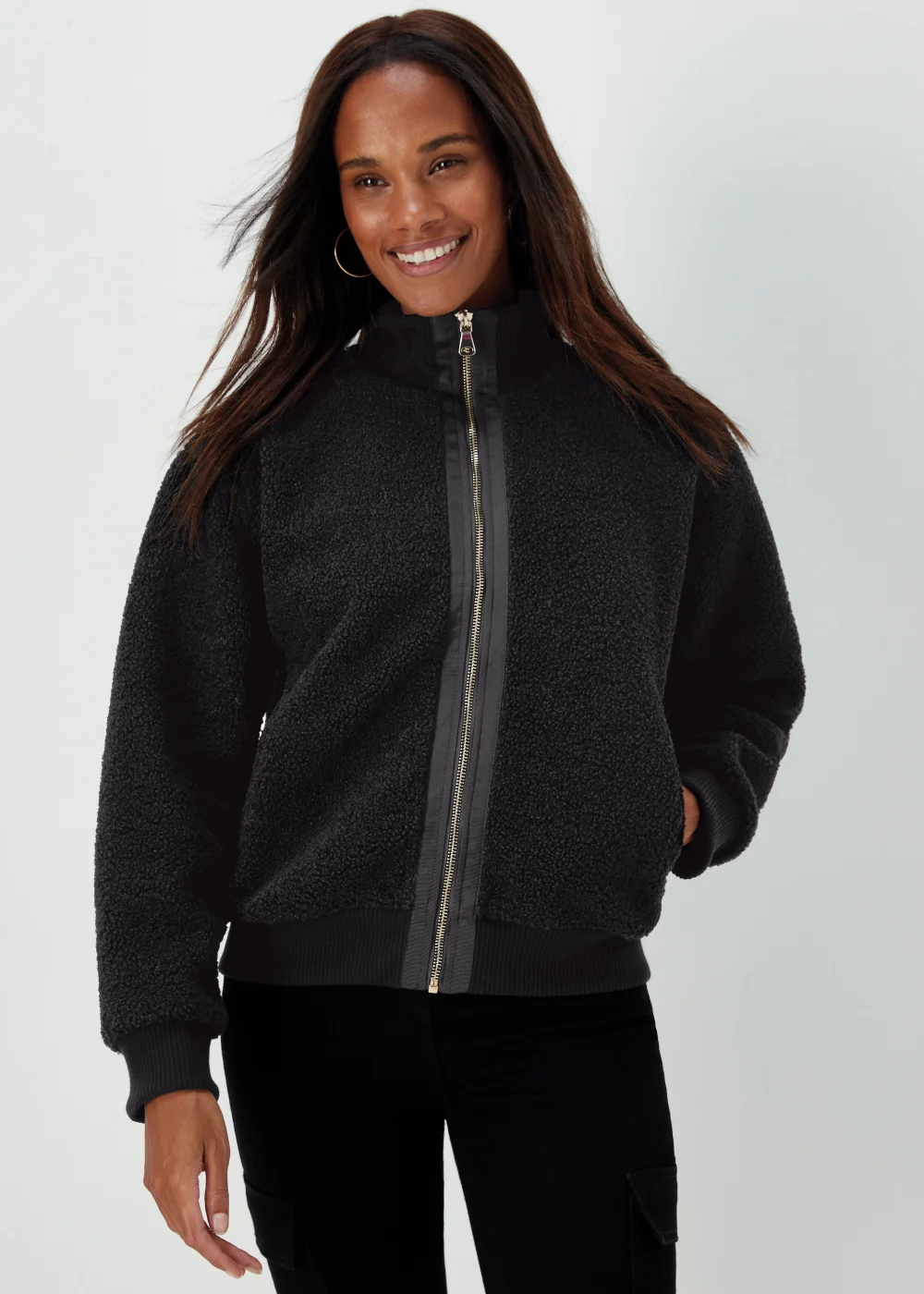 Black Zip Up Ribbed Borg Jacket - S Image 1