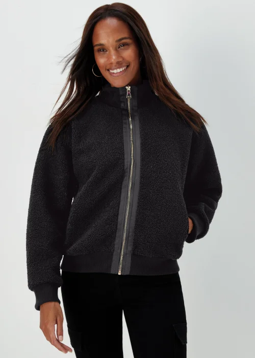 Black Zip Up Ribbed Borg Jacket - S Image 1